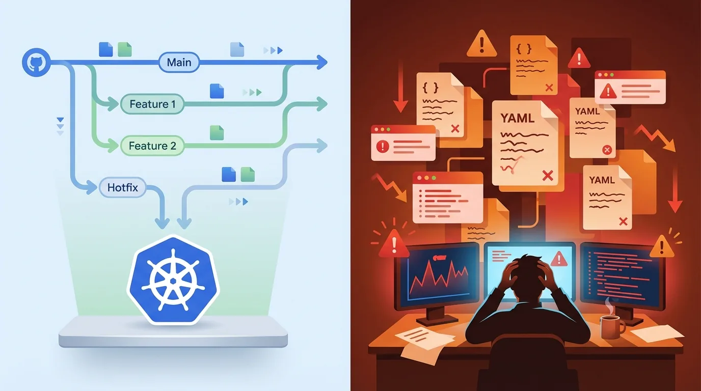 Two illustrations side by side. Left: Git branches, main, two feature branches and a hotfix, flowing cleanly into a Kubernetes cluster. Right: an engineer with head in hands at a desk of monitors showing errors, surrounded by broken YAML files.