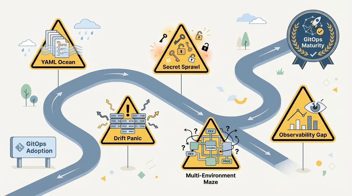 A road from GitOps adoption to GitOps maturity with five warning signs along it: YAML Ocean, Secret Sprawl, Drift Panic, Multi-Environment Maze and Observability Gap.