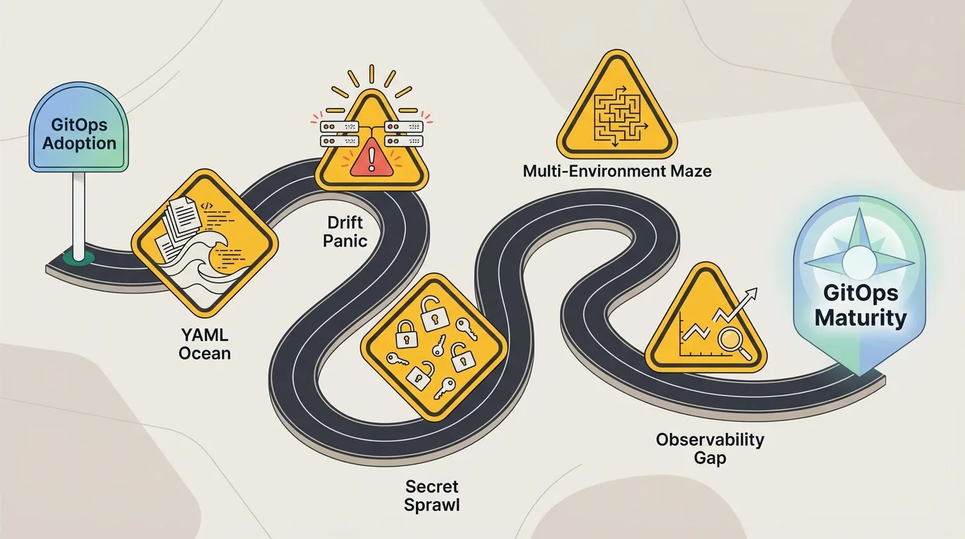 A winding road from a GitOps Adoption signpost to a GitOps Maturity marker, passing the same five hazards: YAML Ocean, Drift Panic, Secret Sprawl, Multi-Environment Maze and Observability Gap.