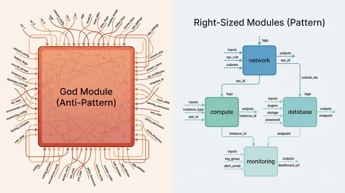 Two module designs side by side. Left, labelled anti-pattern: one God module with dozens of input variables. Right, labelled pattern: right-sized network, compute, database and monitoring modules, each with a few inputs, passing outputs such as vpc_id, subnet_ids and endpoint to the next.