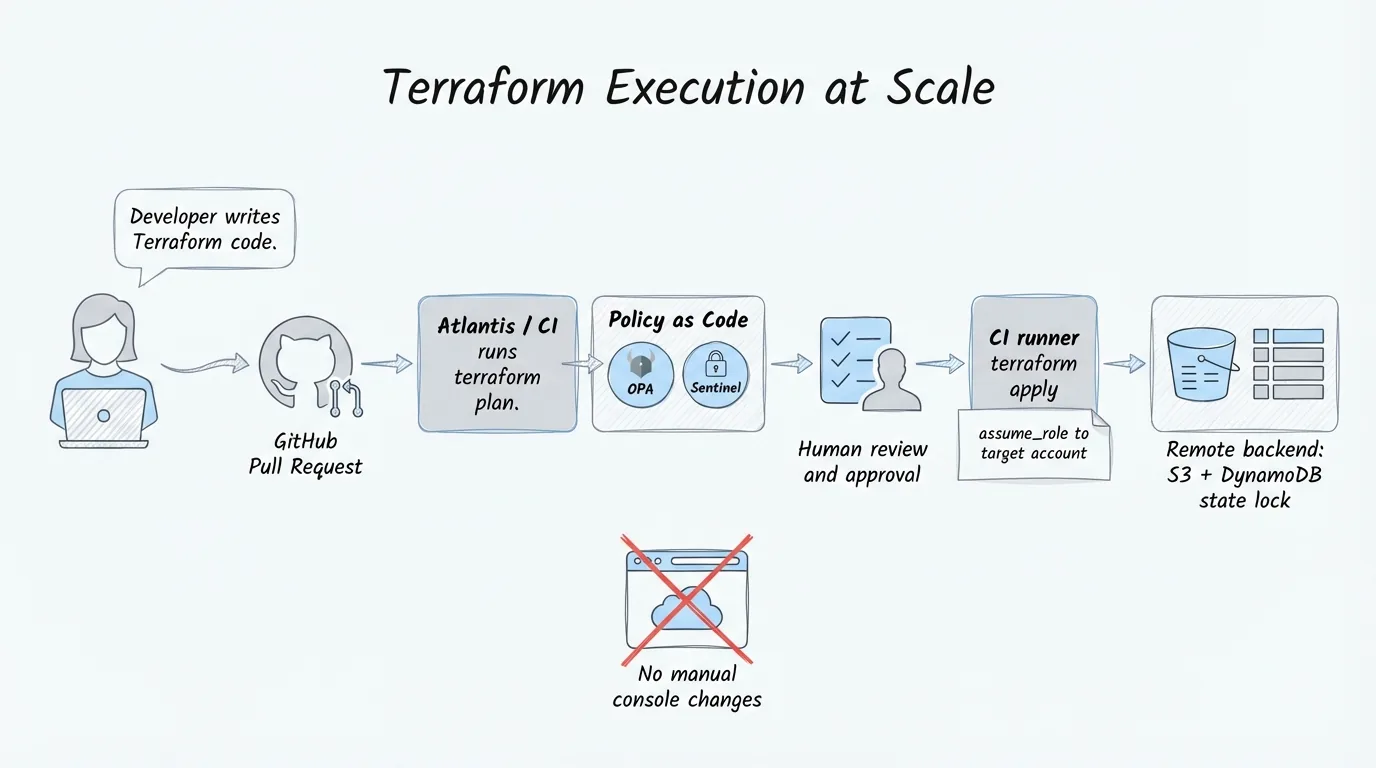 Terraform execution at scale, as a flow: a developer writes Terraform code and opens a GitHub pull request. Atlantis or CI runs terraform plan. Policy as code checks it with OPA and Sentinel. A human reviews and approves. A CI runner runs terraform apply, assuming a role in the target account. State lives in a remote S3 backend with a DynamoDB lock. Manual console changes are crossed out.